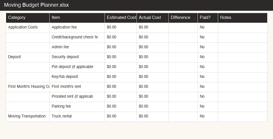 Preview of the Moving Budget Planner