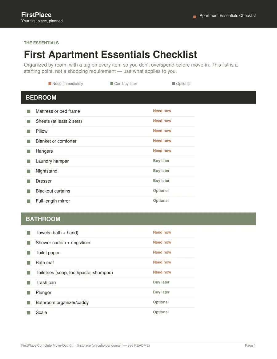Preview of the First Apartment Essentials Checklist