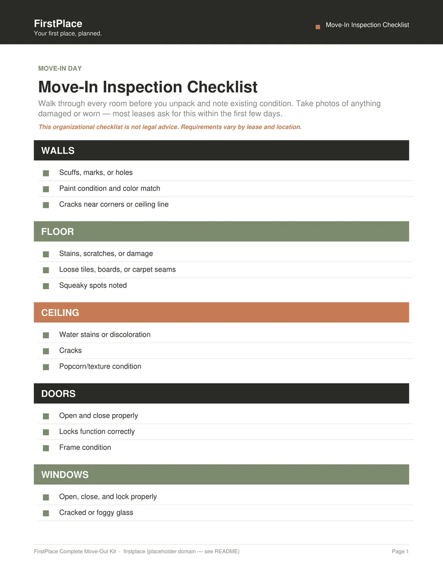 Preview of the Move-In Inspection Checklist
