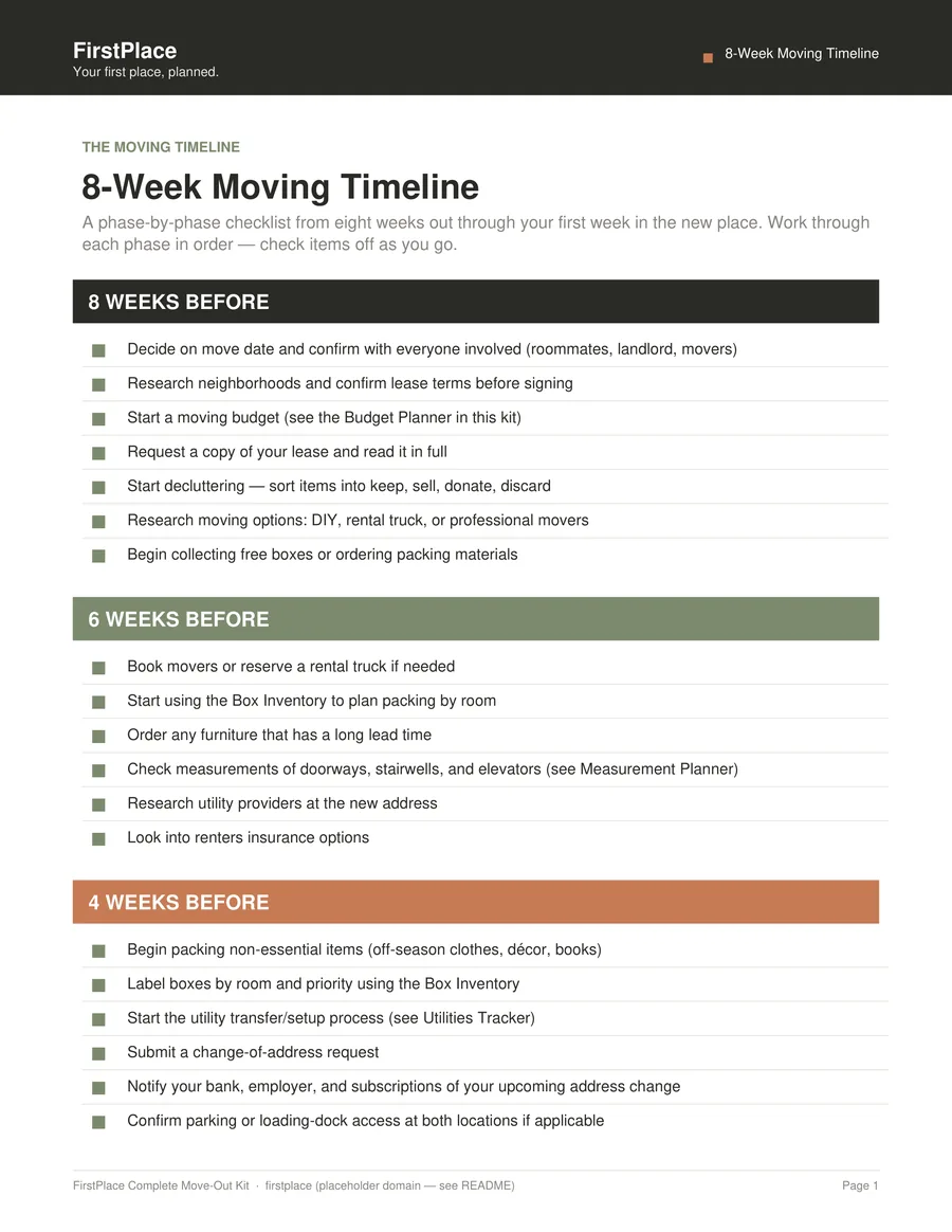 Preview of the 8-Week Moving Timeline